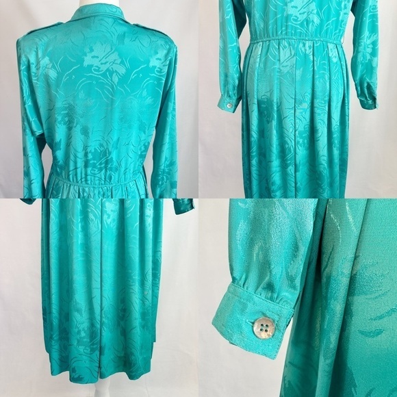 Vintage 80s Leslie Fay Teal Floral Embossed Jacquard Satin Pleated Shirt Dress - Picture 14 of 15